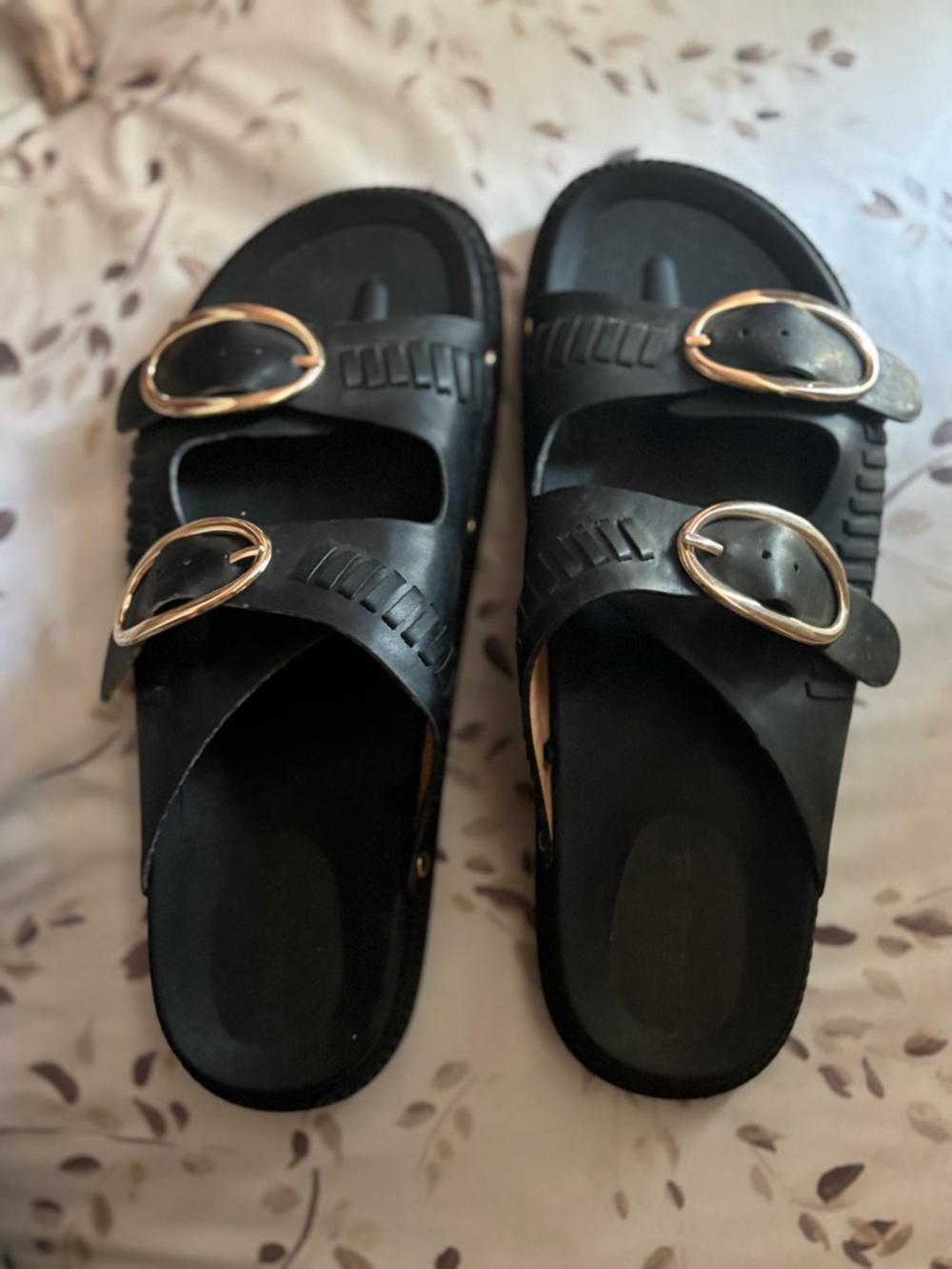 Black Slide Sandals with Gold Buckles - Women's Comfort Slides